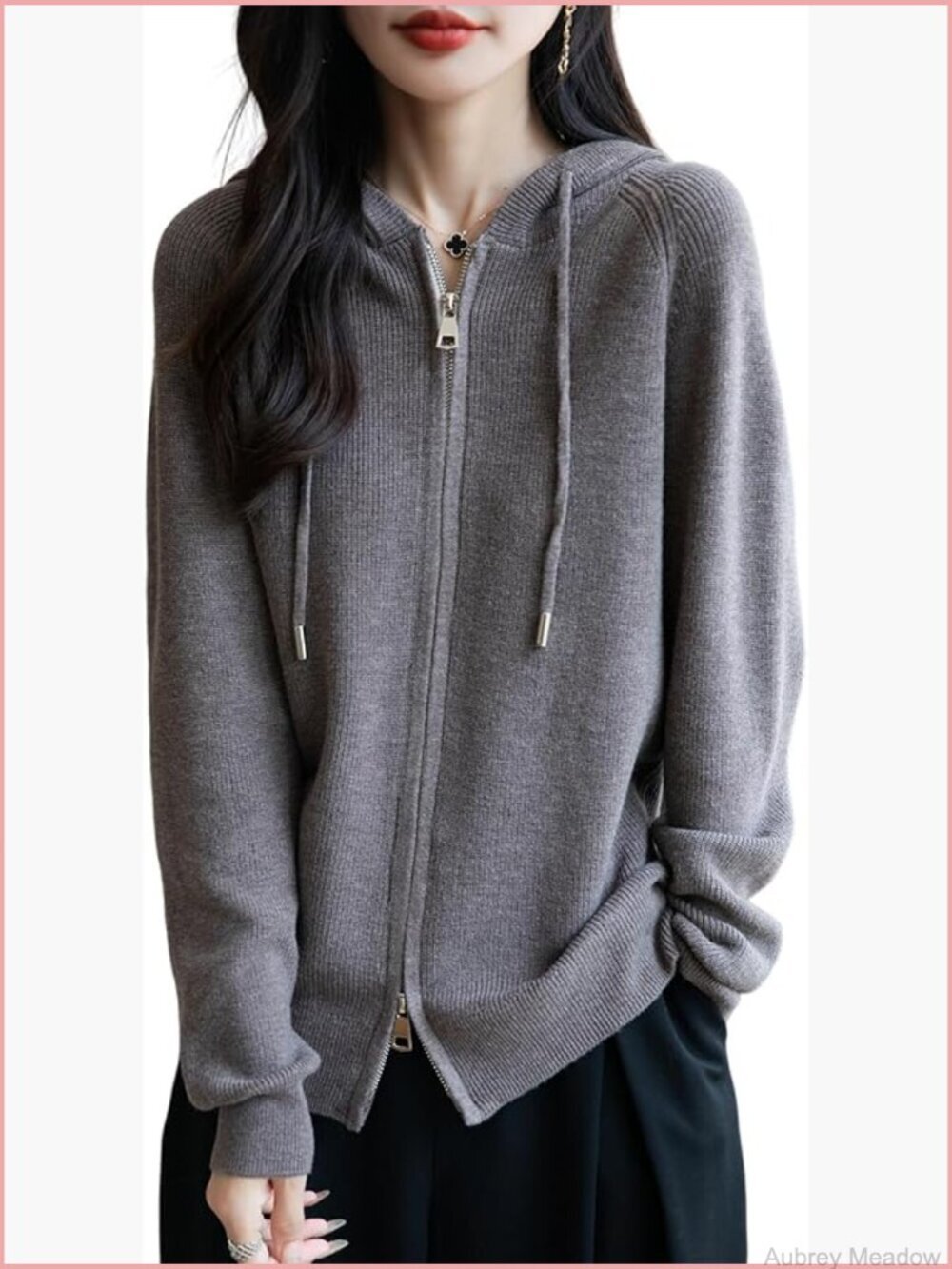 Merino Wool Blend Hooded Cardigan Long Sleeve Zip Up Ribbed Knit Fall Winter